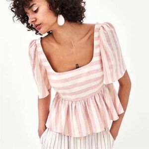 Zara Pink and Cream Striped Square-Neck Peplum Blouse